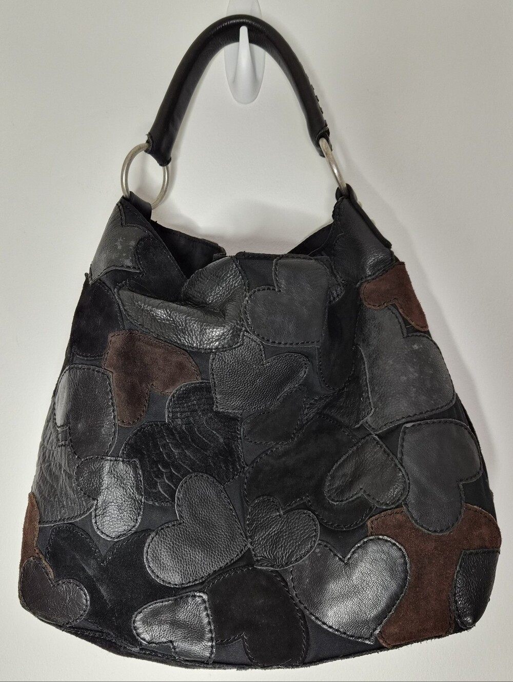Lucky Brand Vintage Y2K Mixed Media Leather Suede Heart Patchwork Hobo Bag